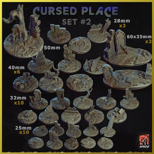 Puede incluir: Un conjunto de bases de resina de 28 mm, 32 mm, 40 mm, 50 mm y 60x35 mm para wargaming de miniaturas. Las bases presentan diversas estructuras en ruinas y terreno cubierto de vegetación, perfectas para crear un escenario maldito o abandonado.