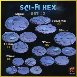 May include: A set of 14 sci-fi themed hexagonal bases for miniature wargaming. The set includes bases in various sizes: 25mm, 32mm, 40mm, 50mm, 60mm, and 60x35mm. The bases are made of a textured, grey plastic and feature a hexagonal pattern.