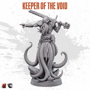May include: A grey miniature figurine titled KEEPER OF THE VOID, featuring a humanoid creature with a tentacled face, a single large eye, and multiple tentacles for legs. It wears armour, carries a large engraved sword, and stands on a base.