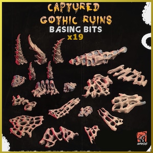 May include: A set of 19 resin basing bits for miniature wargaming. The bits are in a gothic style and feature a variety of shapes and textures. The bits are designed to be used as bases for miniatures, but can also be used for other purposes.