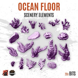 Puede incluir: Un surtido de elementos de escenografía de fondo marino morados, que incluyen coral, rocas y algas marinas. El texto "OCEAN FLOOR SCENERY ELEMENTS" se muestra en la parte superior, con "20x BITS" en la parte inferior. El logotipo de Zabavka está en la esquina inferior izquierda.