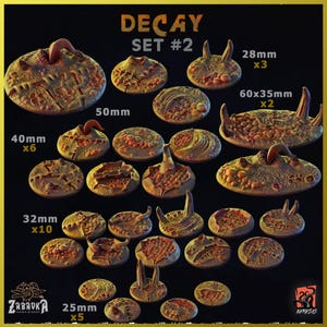 May include: A set of 10 different sized, textured, and detailed resin bases for miniature wargaming. The bases are in various shades of brown and orange, with some featuring raised details like horns and tentacles. The set includes bases in sizes ranging from 25mm to 60x35mm. The set is labeled "DECAY SET #2".