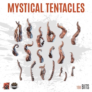 May include: A collection of brown, tentacle-shaped bits with orange accents, arranged on a white background. The text "MYSTICAL TENTACLES" is at the top, with "19X BITS" at the bottom right. The Zabavka logo is in the bottom left.