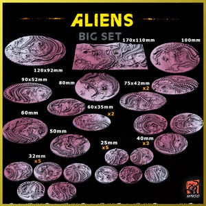 Puede incluir: Una colección de bases rosas y grises con temática Alien, en varios tamaños, desde 25 mm hasta 170 x 110 mm. Las bases presentan diseños detallados y texturizados de criaturas alienígenas. El texto "ALIENS BIG SET" se muestra en la parte superior.