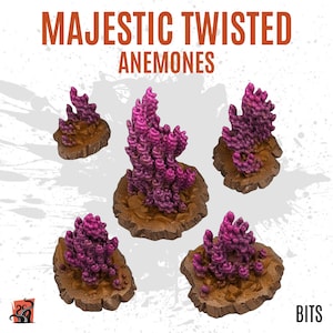 Puede incluir: Cinco bases de arrecife de coral de anémona retorcida de color rosa y morado. Las bases están hechas de un material marrón texturizado. Las anémonas son de un color rosa y morado vibrante. El texto "MAJESTIC TWISTED ANEMONES" está en la parte superior de la imagen. El texto "BITS" está en la parte inferior derecha de la imagen.