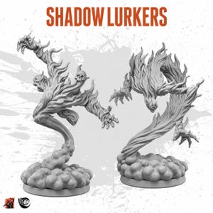 May include: Two grey miniature figurines labelled SHADOW LURKERS. Each figure features a swirling, flame-like form rising from a cloud-shaped base, with skeletal skulls integrated into the flowing, textured body and clawed hands reaching outward.