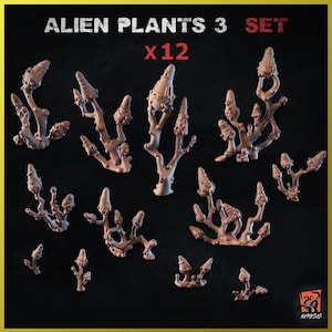 Può includere: Un set di 12 miniature di piante aliene, ognuna con un design unico. Le piante sono realizzate in plastica marrone chiaro e hanno una varietà di forme e dimensioni. Il set è etichettato "Alien Plants 3 Set x12".