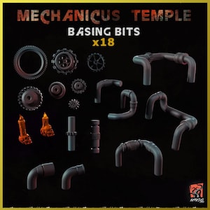 May include: A set of 18 grey plastic basing bits for miniature wargaming. The set includes gears, pipes, and candles. The set is labelled "Mechanicus Temple Basing Bits x18".