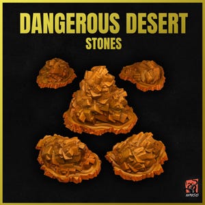 Puede incluir: Cinco piezas de terreno desértico rocoso marrón para juegos de mesa. Las piezas están hechas de resina y están diseñadas para parecer rocas ásperas y dentadas. Las piezas están etiquetadas como "Dangerous Desert Stones".