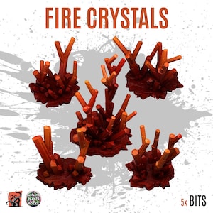 Puede incluir: Cinco grupos de cristales de fuego naranjas y rojos, cada uno con estructuras cristalinas dentadas y verticales sobre una base texturizada. La imagen incluye el texto FIRE CRYSTALS en la parte superior y 5x BITS abajo a la derecha, con dos logotipos.