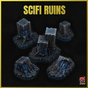 May include: Sci-fi ruins, a set of five 3D printed resin miniatures, each featuring a gray, cube-shaped structure with blue crystal-like formations. The structures are set on a gray, rocky base.