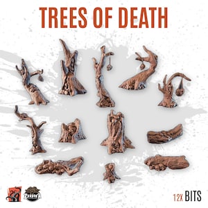 May include: A collection of eleven brown miniature trees with skull details, designed for tabletop gaming. The text "TREES OF DEATH" is displayed at the top, with "12x BITS" at the bottom right. The Zabavka logo is in the bottom left.