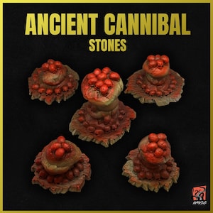 May include: Five red and brown stone gaming pieces with the text "Ancient Cannibal Stones" at the top of the image.