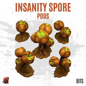 Peut inclure: Ensemble de sept gousses miniatures en résine imprimées en 3D avec des détails verts et orange. Les gousses sont étiquetées "Insanity Spore Pods" et "Bits".