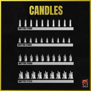 Puede incluir: Cuatro filas de velas blancas, cada fila con la etiqueta "Greytide Studio". Las velas están dispuestas en una cuadrícula, con 10 velas en cada fila.