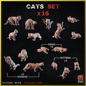Puede incluir: Un conjunto de 16 figuras de gatos en miniatura para juegos de mesa. El conjunto incluye 2 gatos muertos, 3 gatitos y 3 gatos no muertos. El conjunto está etiquetado como "Cats Set x16" y "Basing Bits Collection".