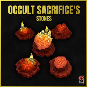 May include: Five red, rocky, circular bases with different symbols and candles on top. The symbols are a skull, a pentagram, a crescent moon, a trident, and a star. The text "OCCULT SACRIFICE'S STONES" is at the top of the image.