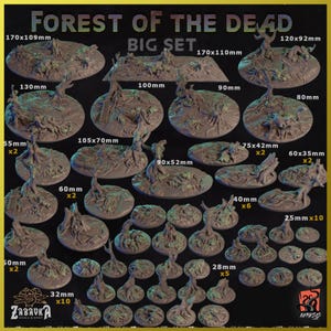 May include: A collection of miniature terrain pieces for tabletop gaming, labeled "FOREST OF THE DEAD BIG SET." The pieces are various sizes and shapes, featuring detailed tree and ground textures. Measurements are provided in millimeters and inches.