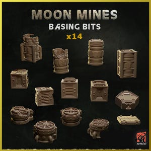 May include: A set of 14 grey resin model pieces for use as basing bits for miniature wargaming. The pieces are shaped like pipes, vents, and other industrial objects. The set is labeled "Moon Mines Basing Bits x14".