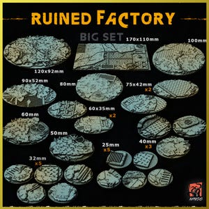 May include: A collection of miniature terrain pieces for tabletop gaming, labeled "RUINED FACTORY." The set includes various sizes and shapes, such as circular and rectangular bases, with textured, weathered surfaces. Sizes range from 25mm to 170x110mm.