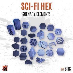 May include: A collection of 27 blue, hexagonal sci-fi scenery elements featuring various textures like grates, pipes, and cracked surfaces. The text SCI-FI HEX SCENERY ELEMENTS and 27X BITS is visible. These small components are designed for tabletop gaming.