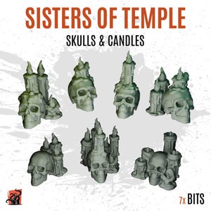 Puede incluir: Una colección de siete miniaturas de calaveras y velas en tonos verdes. El texto "SISTERS OF TEMPLE" y "SKULLS & CANDLES" se muestra en la parte superior. La esquina inferior derecha muestra "7x BITS".