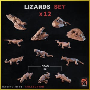 Op de afbeelding: Een set van 12 miniatuur hagedisfiguren, waaronder 3 dode hagedissen. De hagedissen zijn bruin en zijn in verschillende posities geposeerd. De set is gelabeld "Lizards Set x 12" en "Dead x 3".