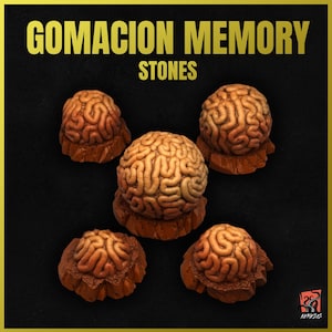Peut inclure: Cinq pierres de mémoire en forme de cerveau brun avec une surface texturée. Les pierres sont disposées en cercle sur un fond noir. Le texte "GOMACION MEMORY STONES" est affiché au-dessus des pierres.