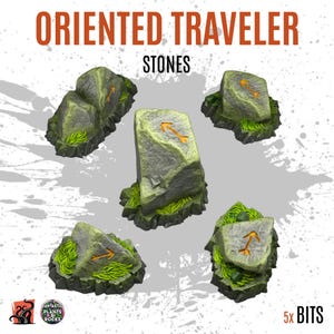 May include: Five gray stone sculptures labeled ORIENTED TRAVELER STONES, each featuring a carved orange arrow symbol on the top surface and bright green grass detailing at the base. The set includes 5x BITS, with varied rock shapes and sizes.