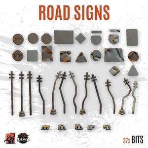 May include: A collection of miniature road signs and streetlights. The signs are various shapes, including circles, squares, and triangles, with a weathered, textured appearance. The text "ROAD SIGNS" is at the top. The image also includes the text "37x BITS".