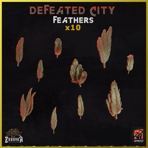 May include: Ten brown feathers, each with a different shape and size, are arranged on a black background. The text "DEFEATED CITY FEATHERS x10" is displayed above the feathers.