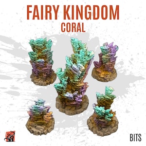 Puede incluir: Cinco estructuras de arrecife de coral en miniatura pintadas en tonos de rosa, morado, verde y amarillo. El coral está sobre un fondo blanco con el texto "FAIRY KINGDOM CORAL BITS" en la esquina superior derecha.