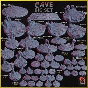 Pode incluir: Uma coleção de peças de terreno de caverna cinzentas e texturizadas para jogos de mesa. O conjunto inclui vários tamanhos, de 170x109mm a 25mm, com várias peças de cada tamanho. O texto "CAVE BIG SET" é exibido no topo.