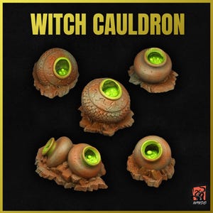 May include: Five miniature ceramic cauldrons with green liquid inside. The cauldrons are sitting on a brown, rocky surface. The text "WITCH CAULDRON" is written in gold letters at the top of the image.