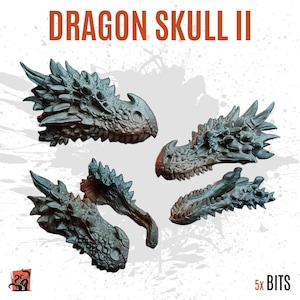 May include: Five gray dragon skull models are displayed against a white background with paint splatter effects. The text "DRAGON SKULL II" is at the top. The models are detailed with textured surfaces and sharp features.