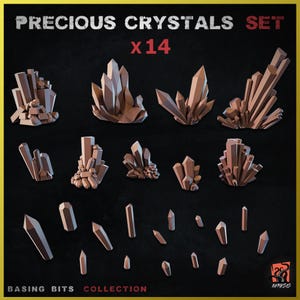 May include: A set of fourteen brown crystal formations of varying sizes and shapes, arranged on a black background. The crystals are clustered and individual, with sharp, geometric facets. The text "PRECIOUS CRYSTALS SET x14" is at the top.