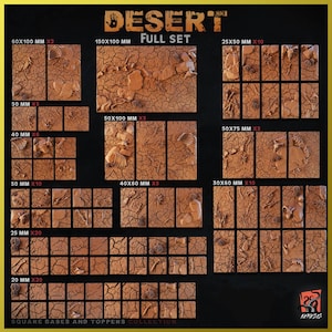 Könnte beinhalten: Ein Set mit quadratischen Basen und Toppern im Wüsten-Thema für Miniaturen-Wargaming. Das Set umfasst verschiedene Größen von 20 mm bis 150 mm mit unterschiedlichen Texturen und Details. Die Basen sind aus braunem Material gefertigt und weisen rissige Erde, Knochen und andere Wüstenelemente auf.