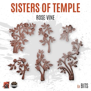 Puede incluir: Una colección de miniaturas de vid de rosas marrones. La imagen presenta varios diseños de vid de rosas con hojas y flores. El texto "Sisters of Temple" y "Rose Vine" se muestra en la parte superior. La esquina inferior derecha muestra "6x BITS".