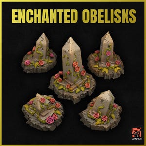May include: Five miniature stone obelisks with textured surfaces, each adorned with sculpted green vines and pink roses on a rocky base. The text ENCHANTED OBELISKS appears in gold at the top, and a small logo is in the bottom right corner.