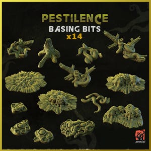 May include: A set of 14 resin basing bits for miniature wargaming. The bits feature a variety of organic shapes and textures, including twisted branches, gnarled roots, and fleshy growths. The bits are designed to be used as bases for miniatures, adding a touch of realism and detail to your models.  The set is labeled "PESTILENCE BASING BITS x14".