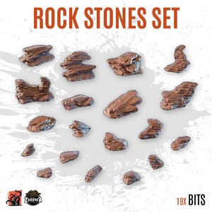 Puede incluir: Un conjunto de 19 piedras de roca marrones de varias formas. El texto "ROCK STONES SET" se muestra en naranja en la parte superior de la imagen. El texto "19x BITS" está en la parte inferior derecha.