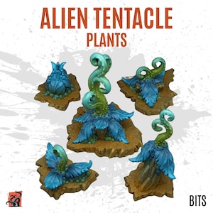Puede incluir: Cinco plantas de tentáculos alienígenas en miniatura con tentáculos azules y verdes sobre bases marrones. Las plantas forman parte de un conjunto llamado "Alien Tentacle Plants".