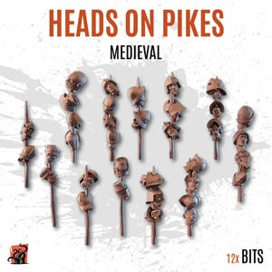 Puede incluir: Figuras en miniatura marrones de cabezas cortadas en picas. El texto "HEADS ON PIKES MEDIEVAL" está en la parte superior de la imagen. La esquina inferior derecha de la imagen tiene el texto "12x BITS".