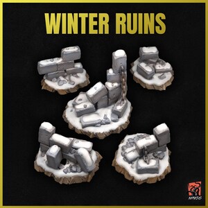 3D-utskrivna ruiner, slottsmur, snö, vinterfängelsehåla, kedjemur - Anpassa bas, diorama, landskap och krigsspelsterrängbitar