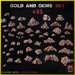 May include: A set of 53 gold and gem pieces for tabletop gaming or miniature basing. The set includes coins, bars, and gemstones in various shapes and sizes.
