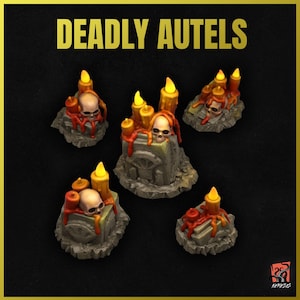May include: Five miniature stone altars with skulls and candles. Each altar is decorated with red and orange paint, and the candles are lit with a yellow glow. The altars are labeled "DEADLY AUTELS".