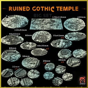 May include: A selection of miniature, ruined Gothic temple bases in various shapes and sizes. The set includes pieces ranging from 2.5cm to 17cm x 11cm, with intricate details and a weathered, stone-like appearance. The text "RUINED GOTHIC TEMPLE" is displayed at the top.