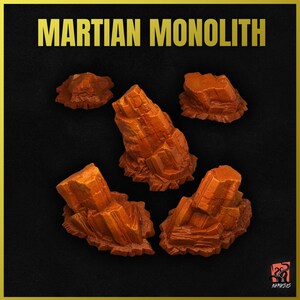 May include: Five orange-brown rock formations, resembling a Martian landscape, with the text "MARTIAN MONOLITH" in gold letters at the top of the image.