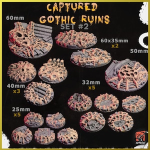 Könnte beinhalten: Ein Set mit 12 Miniatursockeln aus Resin für Tabletop-Spiele. Die Sockel sind in verschiedenen Größen von 25 mm bis 60 mm erhältlich und haben ein ruiniertes gotisches Thema. Die Sockel sind in einem braunen und grauen Farbschema bemalt, mit Details aus bröckelndem Stein und überwuchernder Vegetation.