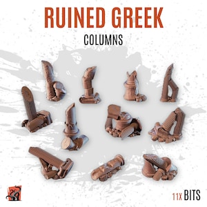 Könnte beinhalten: Elf braune, ruinierte griechische Säulenminiaturen mit kannelierten Details und abgebrochenen Kanten. Der Text RUINED GREEK COLUMNS steht oben und 11X BITS ist in der unteren rechten Ecke aufgedruckt. Diese kleinen Kunststoffteile zeigen verschiedene architektonische Fragmente.
